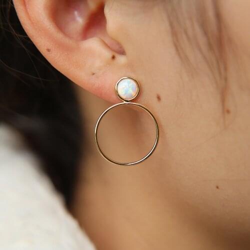 Gold color geometric round shaped studs fashion stunning women big circle earrings with fire opal stone 2018 lastest new design