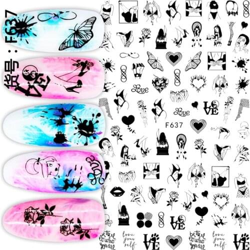 10pcs Leaf Line Nail Art Sticker Black Flower Nail Slider Eye of the World Nail Art Supplies Decorative Decal Love Butterfly F16