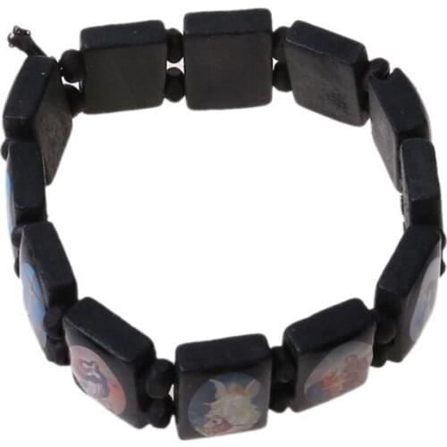 4pc Catholic Jewelry Christian Supplies Wooden Icon Elastic Bead Bracelet Gift U2JC