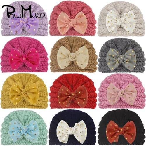 Powmuco Shining Dots Print Bowknot Toddler Hats Comfortable Warm Knitting Wool Striped Caps Baby Headwear Kids Photography Props