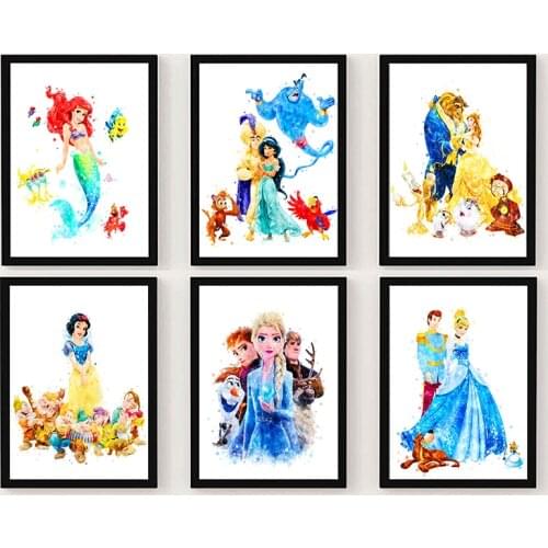 Disney Cartoon Characters Watercolor Princess Snow White Print Wall Art Poster and Prints Canvas Painting for Kids Room Decor