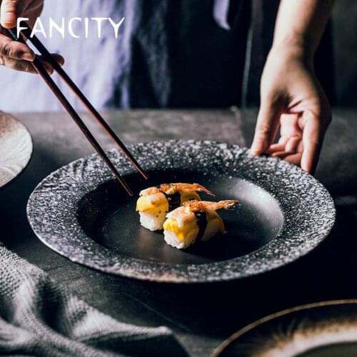 FANCITY Deep Soup Plate, Ceramic Plate with Wide Edge, Large Round Japanese Bowl and Cutlery Set, Large Dish
