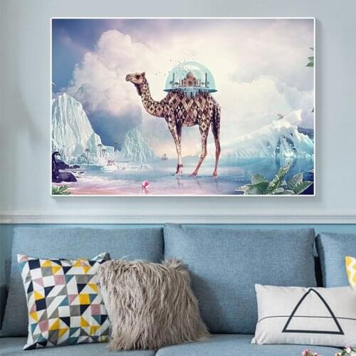 Pink Camel Castle Poster Cartoon Animal Landscape Canvas Painting Modern Art Wall Decor Pictures for Kids Room Home Canvas Print