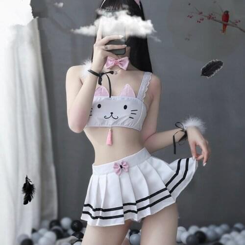 Cute Cat Tube Top Split Suit Sexy Bow Pleated Skirt Sexy Lingerie Uniform Temptation School Girl Costume Sexy Christmas Costumes