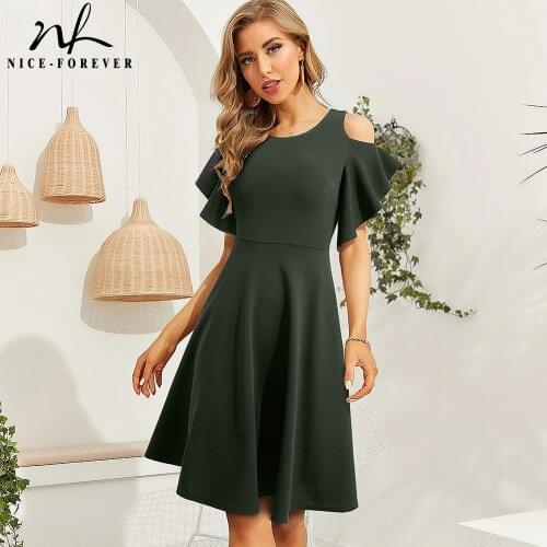 Nice-forever Summer Women Fashion Pure Color with Cold Shoulder Dresses Casual Elegant Swing Flare Dress A271