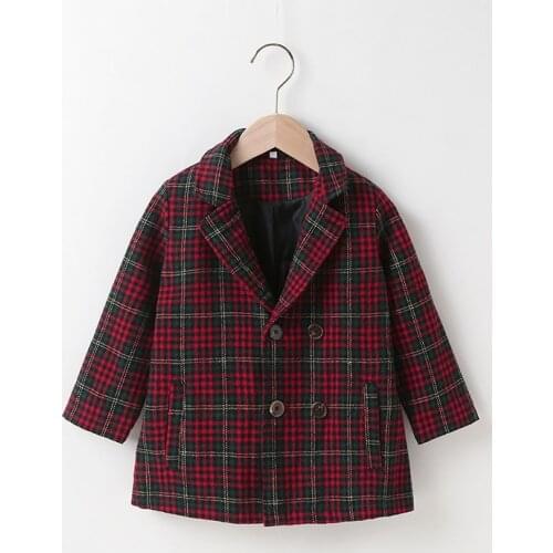 Girls autumn and winter woolen coat childrens clothing girls red plaid coat, suitable for 3-7 years old