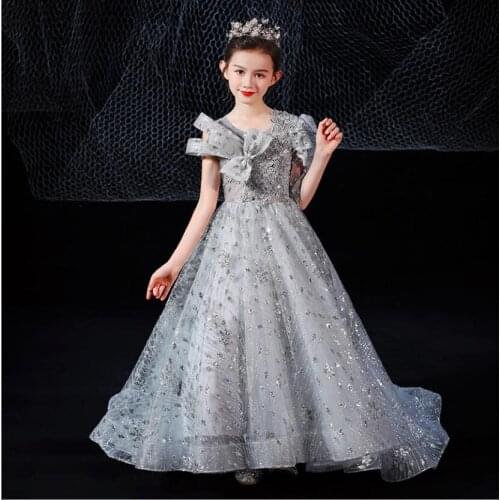 Princess Flower Girl Dresses for Wedding Gray Lace Sequin luxury First Communion Gowns Party Pageant Evening Dress Long Vestidos