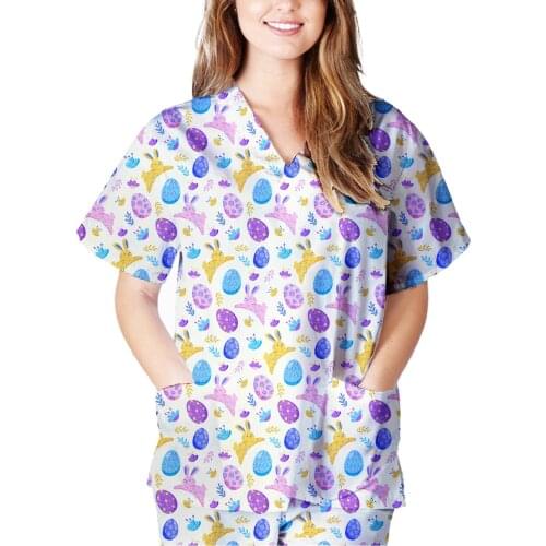 Working Nurse Uniform Tops V Neck Cute Rabbit Pattern Print T-shirts Short Sleeve Easter Nuring Tops for Women Mukoti Yunifomu