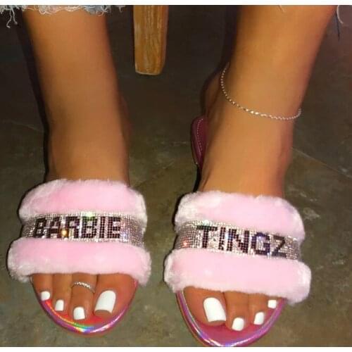 Pink Home Fashion Wild Hair Slippers Winter New Bright Diamond Warm Sandals Female 2019 Flip Flop Flat With Interior Slippers