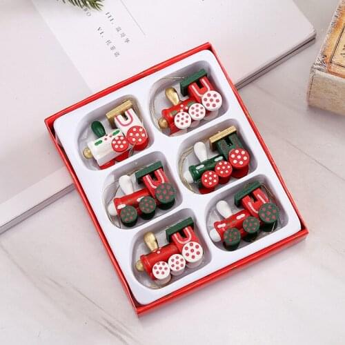 Hand-painted 4CM Christmas Wooden Small Pendant Locomotive Pendant Set 6 Charm Holiday Decorations