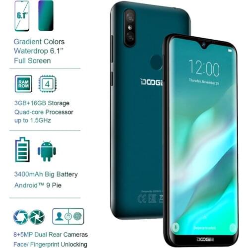 DOOGEE Y8 6.1" 19:9 Waterdrop Display Android 9.0 3400mAh MTK6739 Smartphone 3GB RAM 32GB ROM Fingerprint ID 4G LTE Mobile Phone