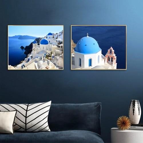Modern Nordic Style Aegean Canvas Poster Santorini Blue Roof Church Painting Living Room Decoration Painting Wall Art Picture
