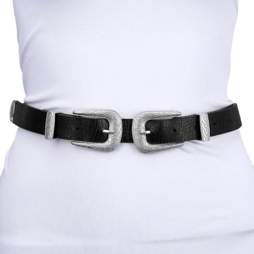 Vintage Retro Carved Metal Wide Double Buckle Belt Adjustable PU Waistband Women Elastic Belt Trendy For Jeans Straps YS148