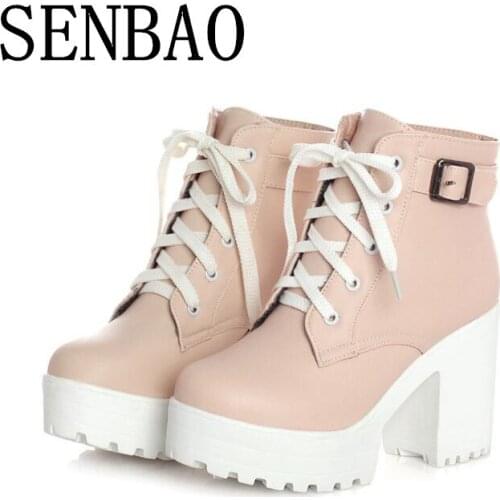 2020 New 3 Color Winter Lace-Up Sexy Women Boots Fashion Platform high square heels Black Buckle Ankle boots Plus Size 35-43