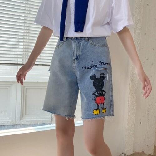 Disney Mickey Mouse High Waist Denim Shorts Woman Summer Plus Size New Hollow Out Tassel Tight Jeans Shorts Washed Casual Female