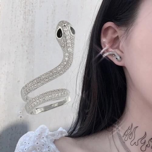 Single New Korean Rhinestone Snake Earrings 2021 Shiny Drill Arc Ear Hanging Clip Earrings for Women Minimalist Ear Cuff