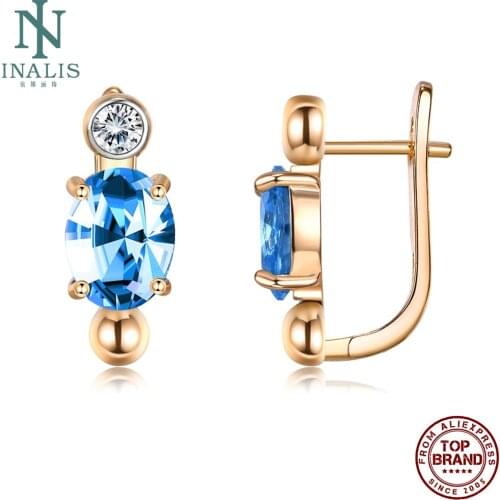 INALIS Golden Earrings For Women Geometric Copper Stud Earring Oval Blue Cubic Zirconia Prom Party Fashion Jewelry Recommend