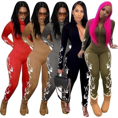 2021 Fashion Solid Printed Women Jumpsuits Long Sleeves Zipper Turtleneck High Waist Slim Casual Skinny Female Rompers S-XXL