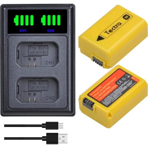 Tectra 2pc NP-FW50 NP FW50 Battery+LED Dual USB Charger for Sony Alpha a7 7R a7R a7R II a7II a6500 a6300 a6000 a5000 a3000