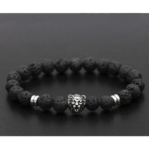 Fashion Stainless Steel Charm Skull Lion Buddha Head Beads Natural 8mm Lava Stone Stretch Bead Bracelet For MEN&WOMEN Jewelry