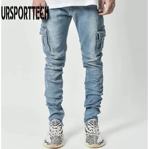 Denim Cargo Pants Men Hip Hop Trend Streetwear Casual Pantalones Men Trousers Jeans Elasticity Zipper Slim Daily Pants Men