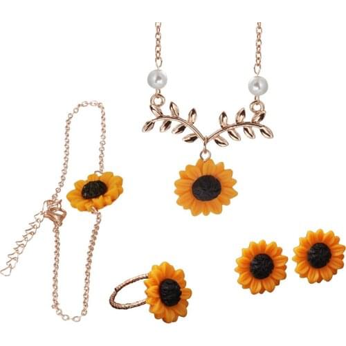 Personality Fashion Creative 5Pcs/Set Sunflower Alloy Pendant Necklace Stud Earrings Ring Bracelet Pearl Harajuku Jewelry Gift