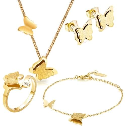 316L Stainless Steel Frosted Butterfly Titanium Steel Bracelet Necklace Earrings Jewelry Set Wedding Jewelry Set