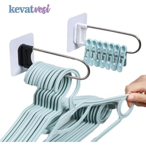 Stainless Steel Hook for Clothes Hanger Clothespin Storage Rack Self-adhesive Wall Hook Organizer U-shaped Bathroom Accessories