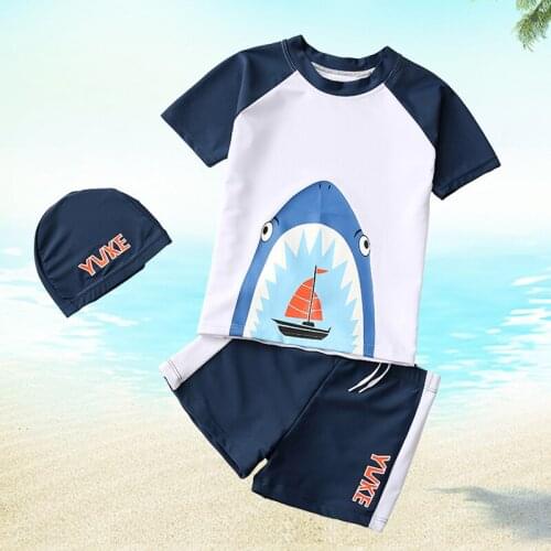 Cartoon Shark Printed Swimwear Kid Boy Swimsuit Beach Sunscreen Swim Trunk Shirt Cap Bikinis Set Board Kids Boy Swimwear