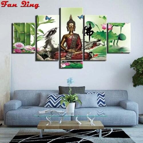5 pcs Full Square/Round Drill 5D DIY Diamond Painting Buddha statue lotus bamboo diamond Embroidery Cross Stitch 5D Home Decor