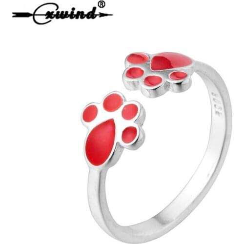 Cxwind New Arrival Open Double Dog Cat Paw Print Red Enamel Ring For Women Girl Cute Pet Lover Animal Rings Jewelry Gift