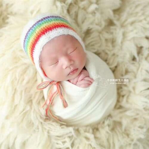 Newborn Rainbow Bonnet Photo Props Handknit Mohair Hat Baby Fluffy Cap Photography Props