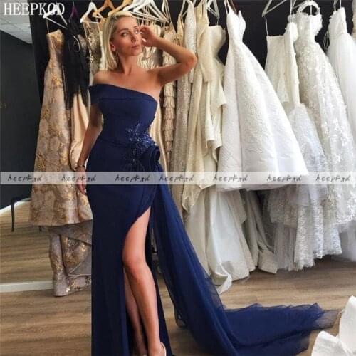Charming High Slit Navy Blue Long Arabic Evening Dress Strapless Backless Crystal Special Occasion Women Dresses Plus Size Gowns