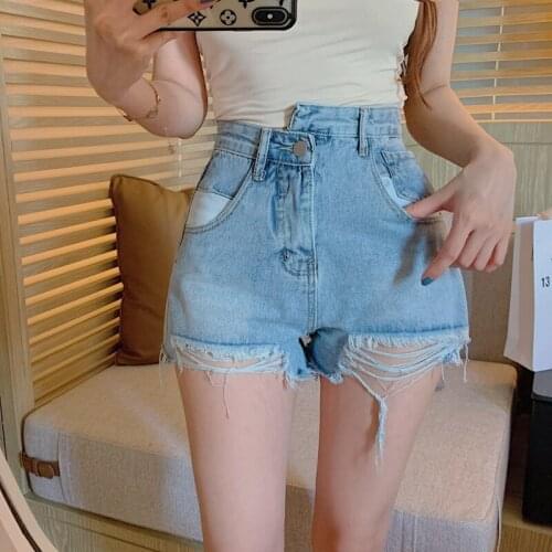 Retro Irregular Waist Denim Shorts Summer Women Fashion Ripped High Waist Jeans Female Plus Size Blue Denim Shorts Loose Casual