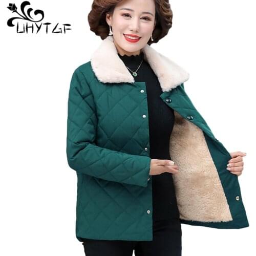 UHYTGF Elegant Mother Winter Cotton Coat Fashion Single Breasted Loose 5XL Plus Size Outwear Parker Women Casual Warm Jacket1194