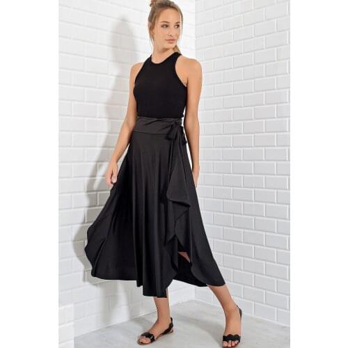 Womens Black Asymmetrical Cut Skirt, Comfortable, Adjustable Belt, Standard Size, Slits, stylish And Sporty, Fashion Design