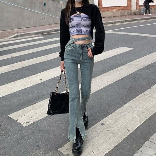 Women Denim Pants 2021 Spirng Autumn Female Wide Leg Pant Full Length Jeans Trouses High Waist Split Micro Flared Jeans