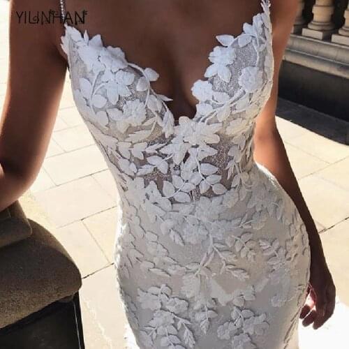 YILINHAN Woman Dress V-Neck Backless Sling Sleeveless Extra Long Wedding Party Sexy Backless Lace Flower Floor-Length Female