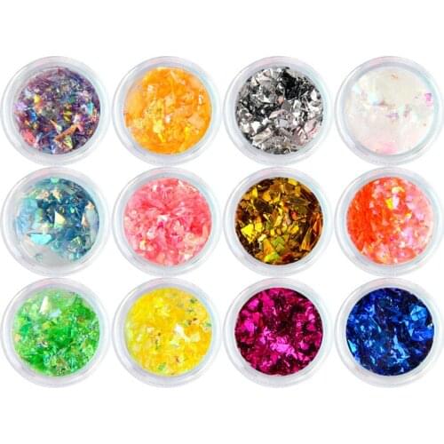 12 Colors Ice Mylar Foils Broken Shell Glass Paper Paillette Nail Glitter Powder DIY Irregular Sequin for 3d Nail Art Decoration