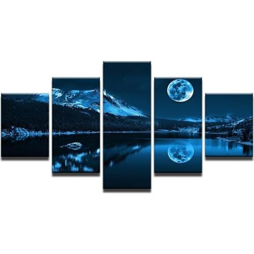 5 Panel Canvas Painting Mountain Lake Moon Nature Scenery Landscape Modular Picture HD Print for Wall Art Home Decor Living Room