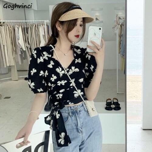 Blouses Women Cropped Print Summer Slim Fashion Puff Sleeve Elegant Retro Bow Chiffon All-match Temperament Mujer Tops Ulzzang