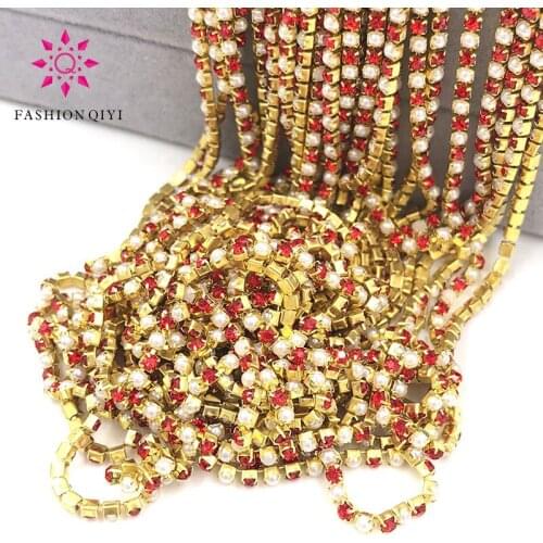 New Hot 5 yards 2mm Gold base Red glass crystal rhinestones pearls with claw sew on cup chain diy wedding clothing accessories
