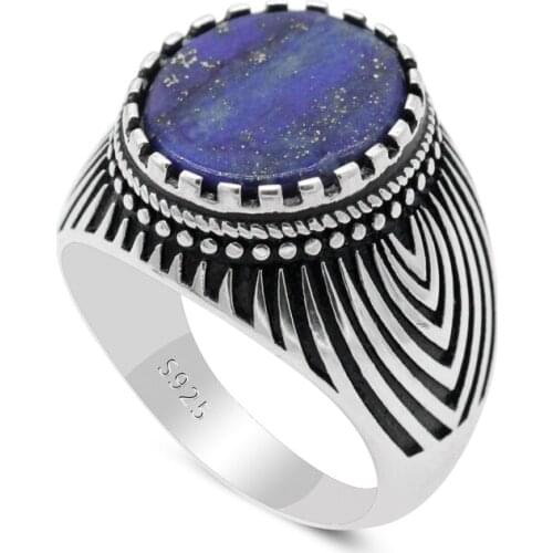 Genuine Solid 925 Sterling Silver Rings With Natural Lapis Lazuli Stripe Branches Engraved Turkish Finger Rings Man Ring Unisex