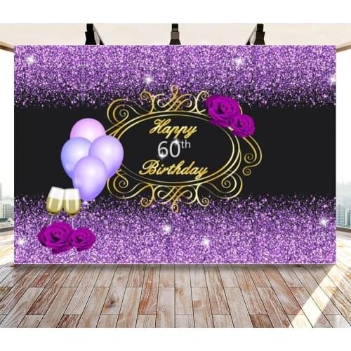Happy 60th Birthday Photo Backdrop Royal Purple Gold Glitter Bokeh Shiny Photography Background Diamond Beer Celebrate Backdrops