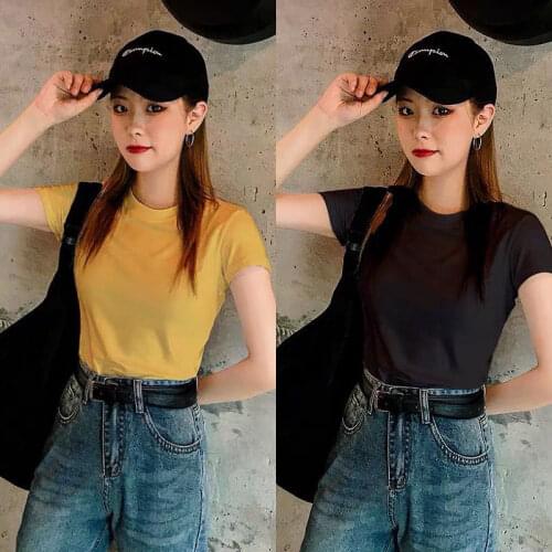 2020 Top T-Shirt Female Solid Cotton O-Neck Short Sleeve T-shirts for Women Casual High Waist Slim Short Sport Femme T-Shirt