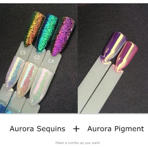1 Jar 1g AURORA Sequins + 1 Jar 0.2g Aurora Mermaid Powder Pigment Unicorn Glitters 3D Nail Art Decoration for Gel Nail Polish
