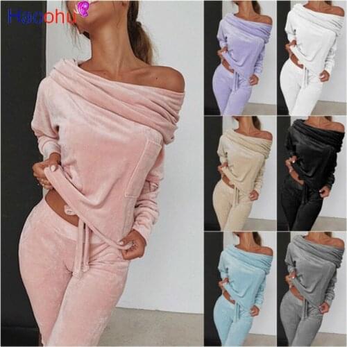 HAOOHU Off shoulder Velvet Women Tracksuits Women Running Sets Sports Top Long Pants Warm Autumn Winter Lounge Wear Suits