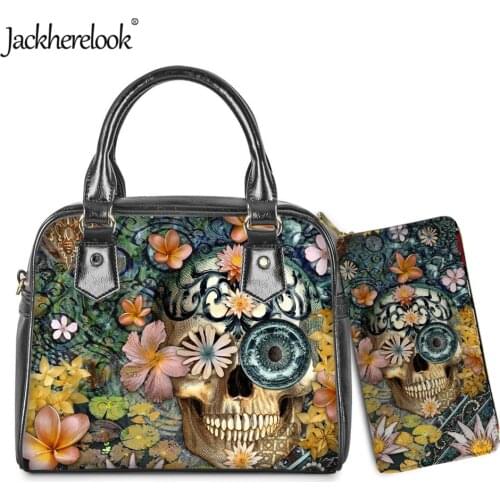 Jackherelook Funny Skull Floral Pattern Womens Handbag Shoulder Bag Purse Female Messenger Bag Clutch Wallet 2pcs/Set Bolsos