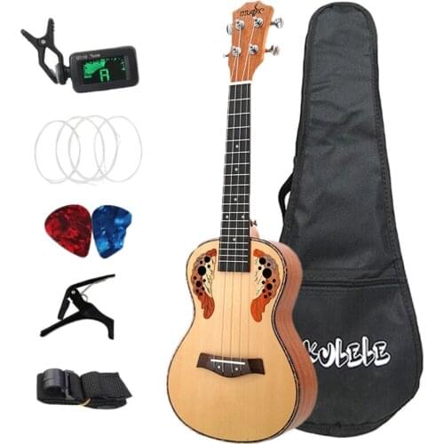 Concert Ukulele Kits 23 Inch Spruce Wood Ukulele 4 String Mini Hawaii Guitar with Bag Tuner Capo Strap Stings Picks