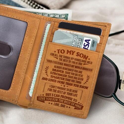 Mom To Son Mens Genuine Leather Engraving Love Words Wallet Short Purse Card Holder Three Fold Birthday Anniversary Gift